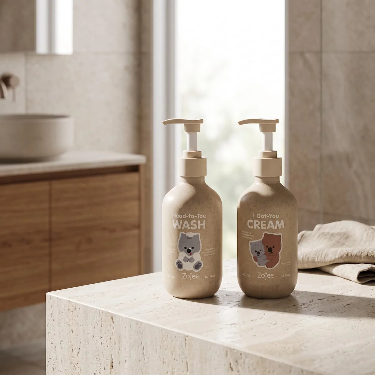 Head-to-Toe Wash and I-Got-You Cream bottles beside the bath