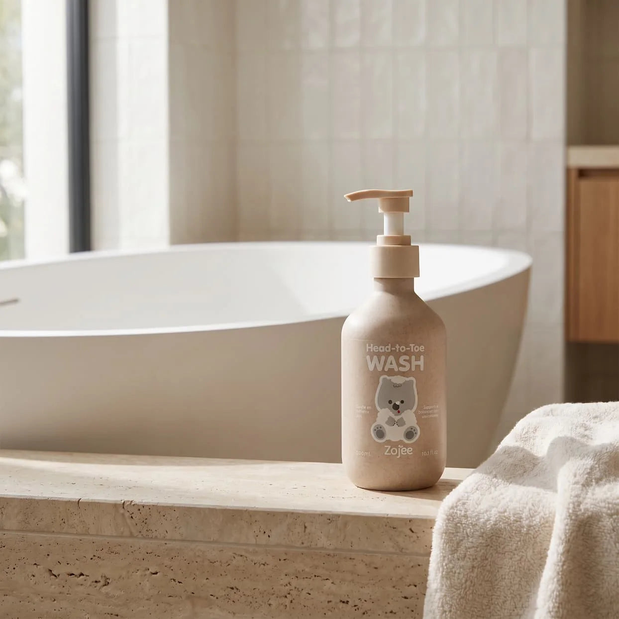 Head-to-Toe Wash pump bottle beside a bath with a folded towel